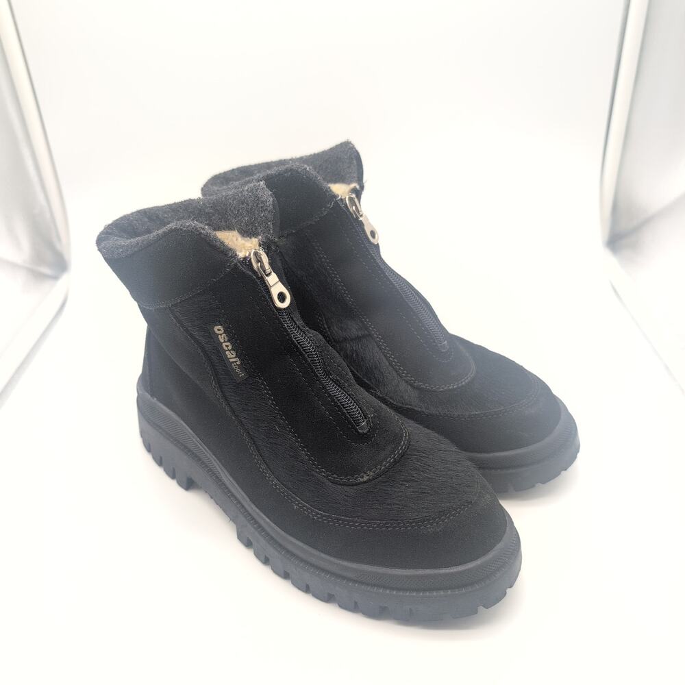 Oscar Sport Black Fur and Leather Zip Apres-Ski Italian Made Boots Women's 7.5